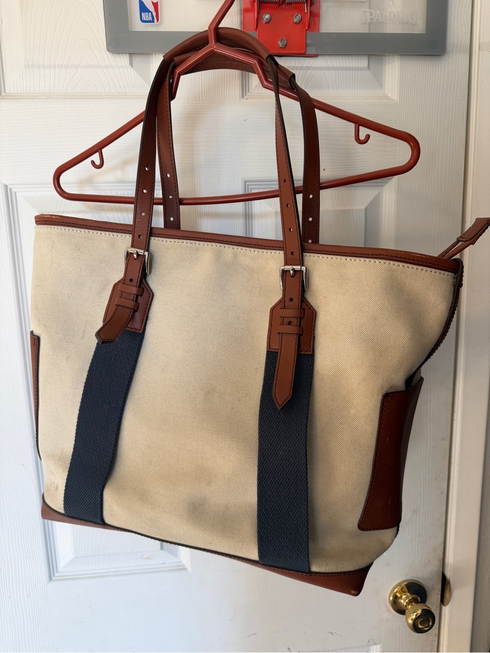 Coach Beige Canvas Tote with Brown Leather and Navy Straps